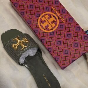 Tory Burch Olive Green Slide Sandal with Gold Logo Accent
